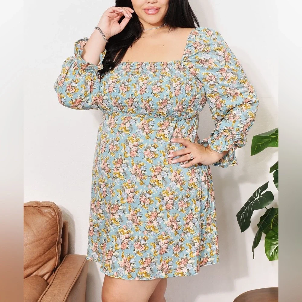 NEW Double Take Spring Floral Smocked Long Ruffle Sleeve Square Neck Dre… - Picture 9 of 12